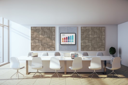 Contemporary,Conference,Interior,With,Laptop,And,Three,Blank,Banner,On Contemporary conference interior with laptop and three blank banner on concrete wall with city view. Workplace and corporate concept. 3D Rendering